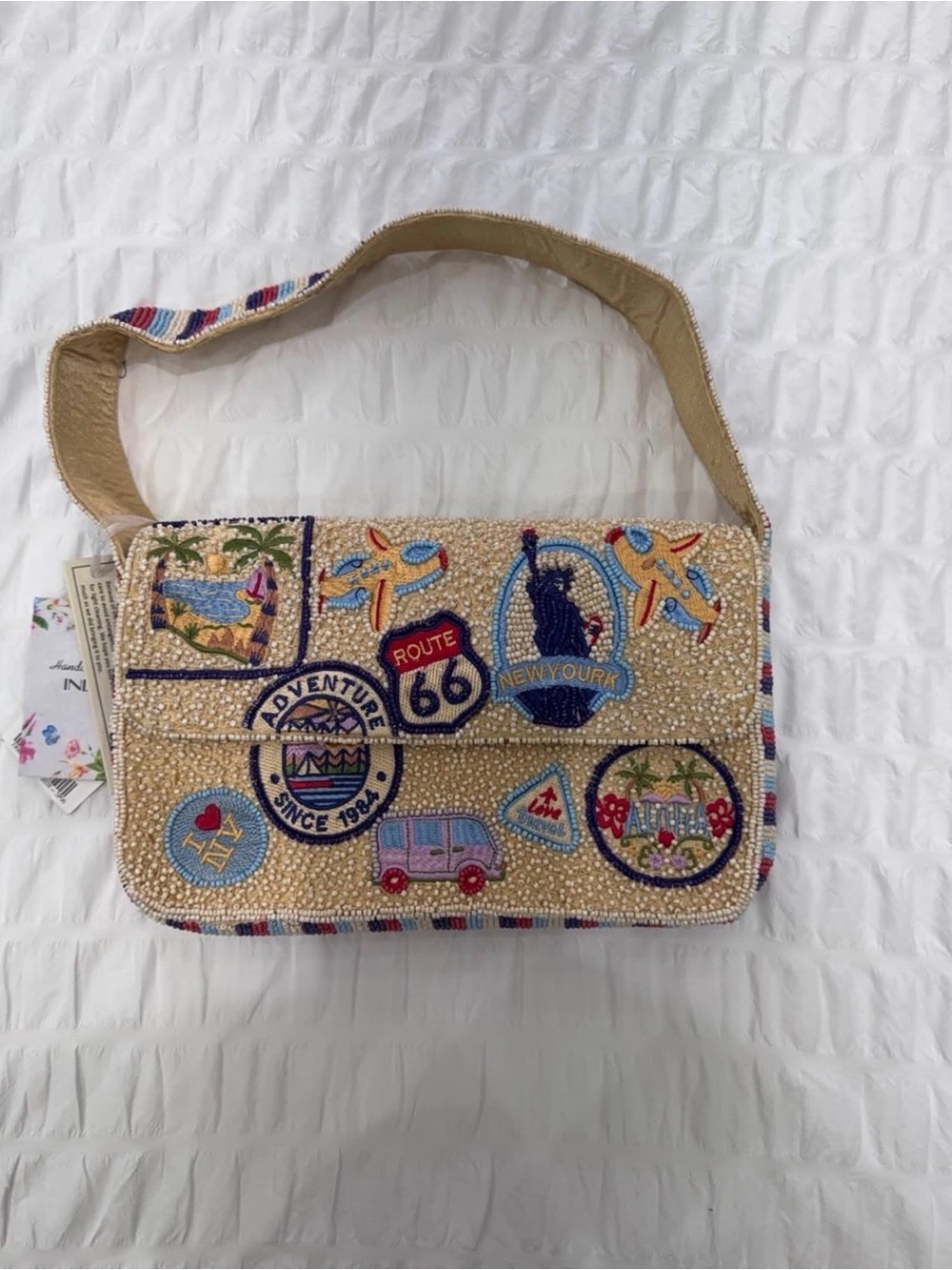 Original Beaded Patchwork Crossbody Bag in Beige with Travel Motifs